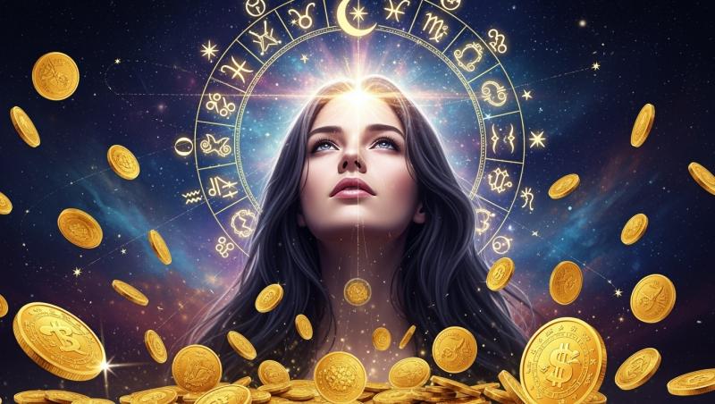imagine cu chipul unei femei, cerc cu cele 12 zodii si monede aurii
