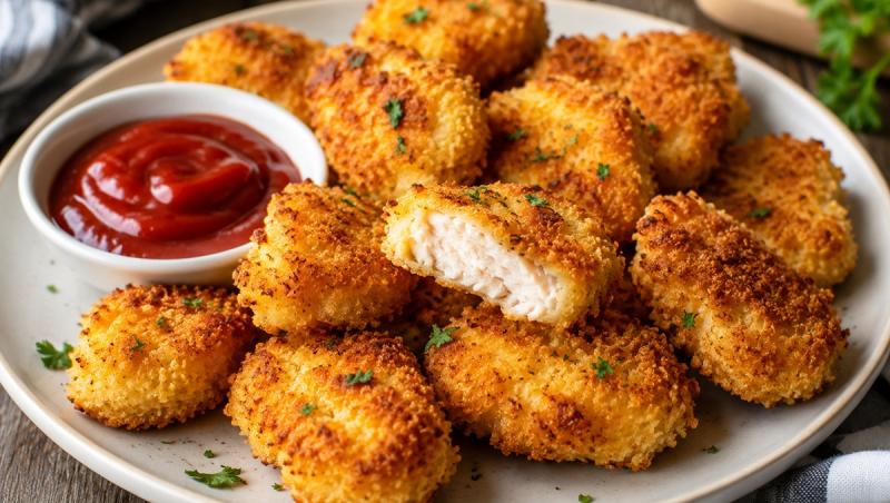 Poți servi nuggets de pui la cuptor alături de cartofi copți, piure, o salată proaspătă sau legume la grătar