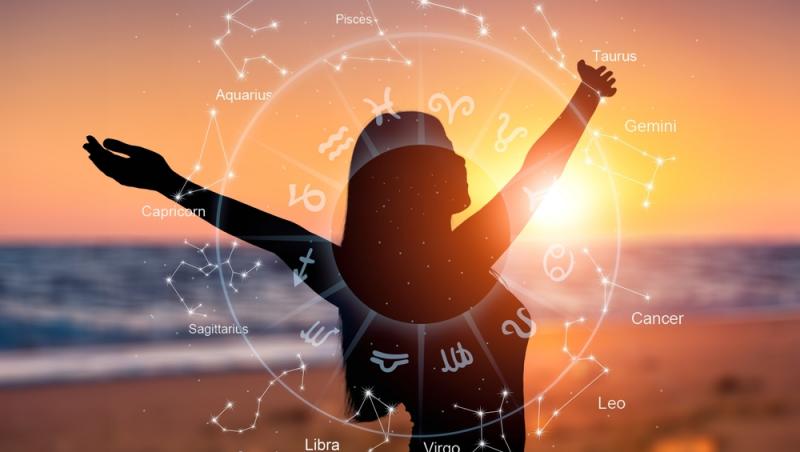 imagine cu o femeie la mare, la apus, si cercul celor 12 zodii