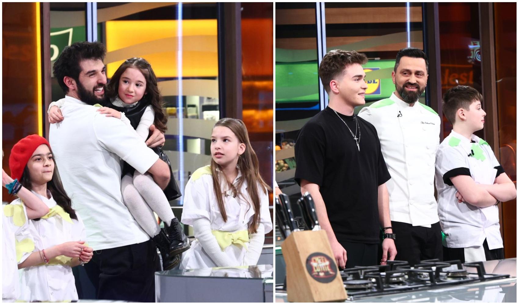 colaj foto cu chef richard si fiica lui si chef orlando alaturi de fiul sau, stand langa alti concurenti chefi al cutite
