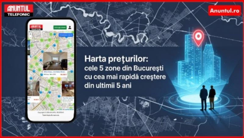 imagine cu telefon cu harta imobiliara pe fundal albastru inchis cu harta Bucurestiului