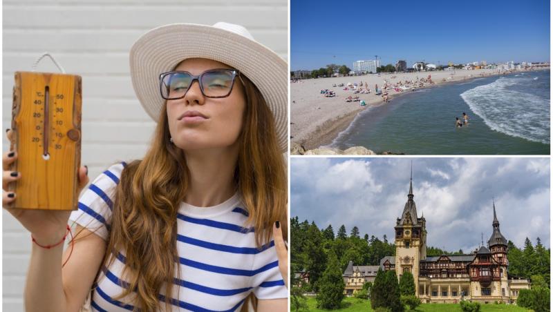 colaj foto cu femeie care tine un termometru in mana, poza cu litoralul romanesc si poza cu castelul peleș