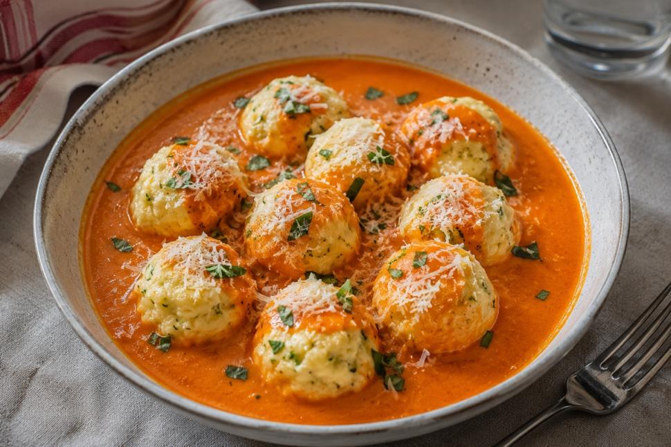 Găluște pufoase cu ricotta și sos catifelat de ardei copți - rețetă pentru pr&acirc;nz sau o cină elegantă