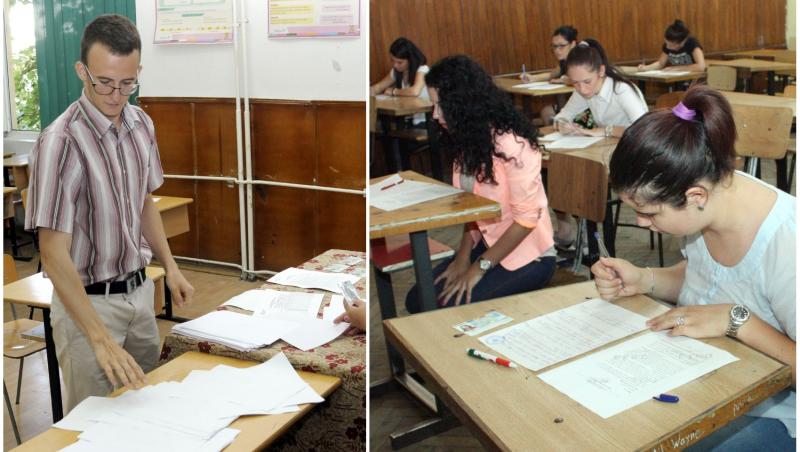 colaj foto cu elevi si profesor la catedra in timpul unui examen