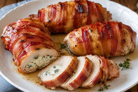 Piept de pui umplut cu cremă de br&acirc;nză și &icirc;nvelit &icirc;n bacon