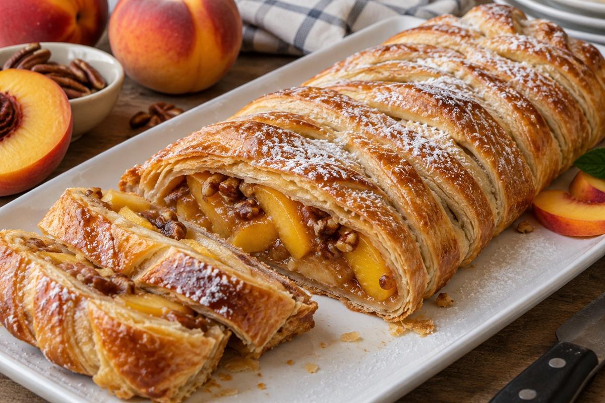 Ștrudel cu piersici și nuci pecan. Un desert delicios, crocant la exterior și suculent &icirc;n interior