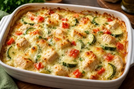 Pui cremos cu dovlecei și mozzarella la cuptor. Rețetă pentru un pr&acirc;nz savuros și hrănitor