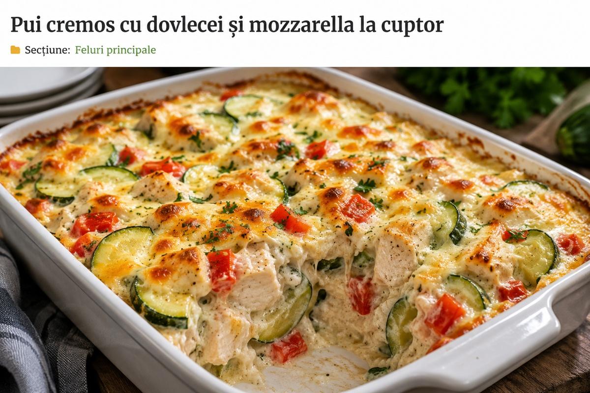 Deliciosul pui cremos cu dovlecei și mozzarella la cuptor se servește cald, simplu sau alături de o salată proaspătă și pâine crocantă.