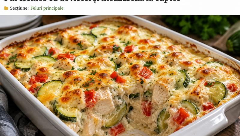 Deliciosul pui cremos cu dovlecei și mozzarella la cuptor se servește cald, simplu sau alături de o salată proaspătă și p&acirc;ine crocantă.