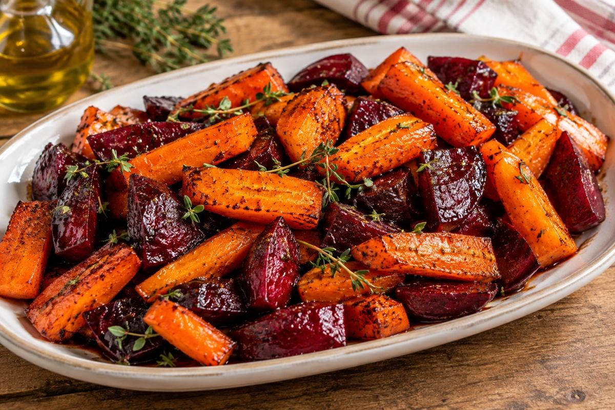 Sfeclă și morcovi copți cu glazură de miere și oțet balsamic