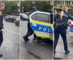 O poliţistă din Cluj şi-a gazat din greşeală propriul coleg, care se chinuia să reţină un individ agresiv. Un trecător a filmat scena