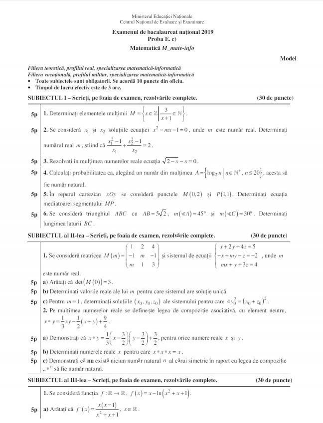 Subiecte Bac 2019 Modele De Subiecte Bareme Limba Romana MatematicÄ Antena 1