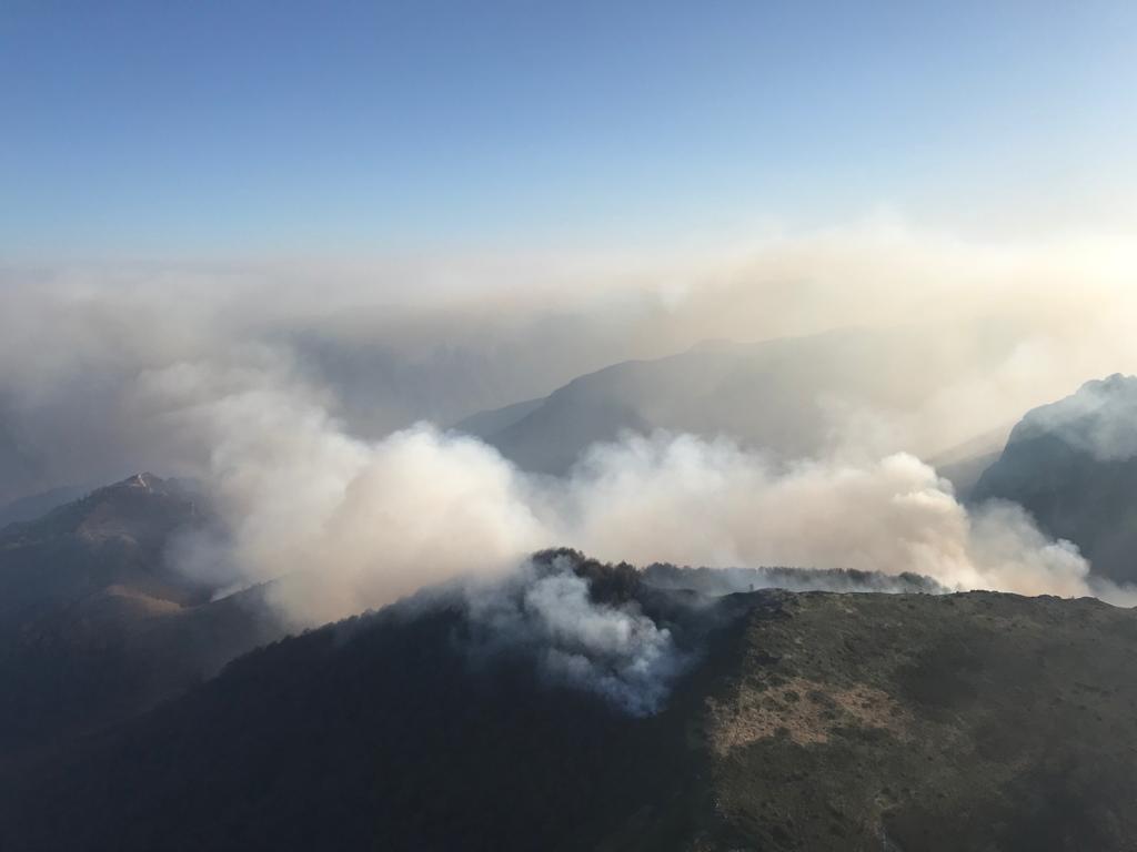 Caraş-Severin: Peste 120 de persoane continuă intervenţia la incendiul de pădure din Cornereva; elicopterul nu poate interveni din cauza ceţii