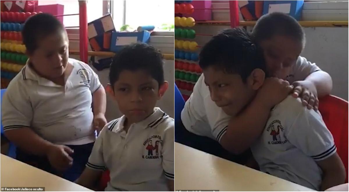Privește și învață! Doi copii cu nevoi speciale ne reamintesc ce înseamnă să fii OM: „Îi șterge lacrimile de pe obraji. Nu am văzut nimic mai frumos”