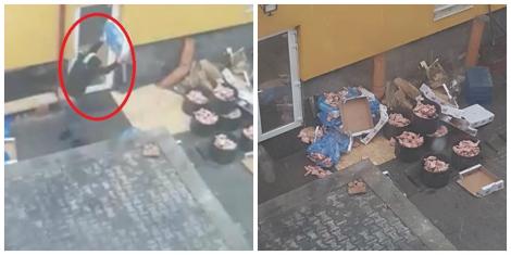 Pulpe de pui, dezghețate în stradă, de angajatul unui restaurant! Tânărul, surprins în timp ce trântea cutia cu carne de beton