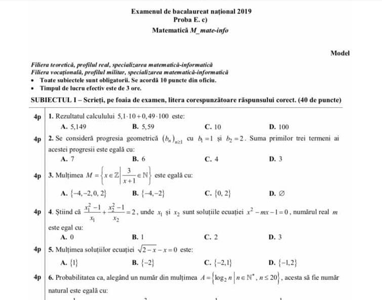 Update Subiecte Simulare Bac 2019 MatematicÄƒ Clasa A Xi A Ce A Picat Azi Antena 1