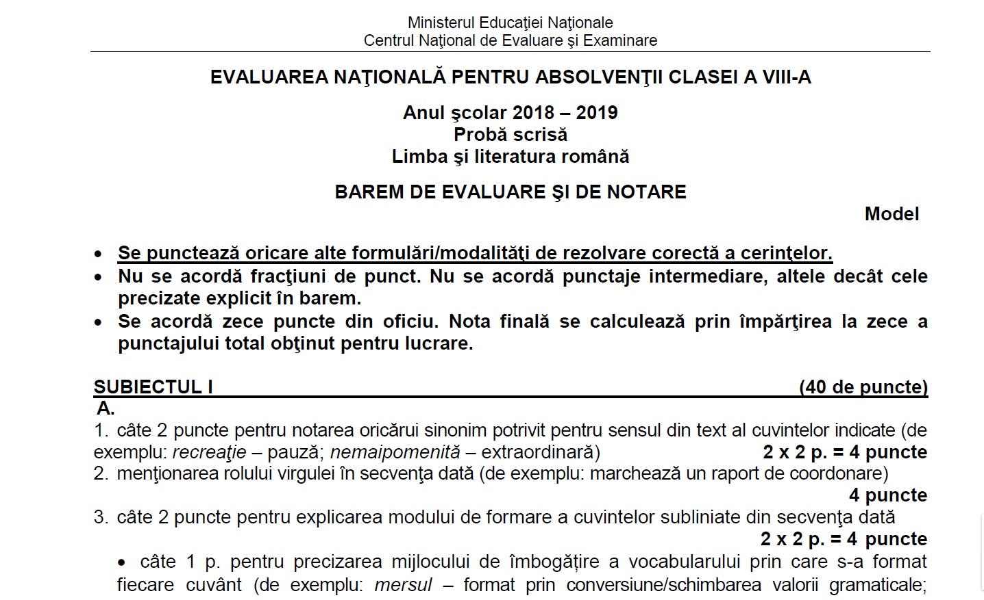Barem Limba RomanÄƒ Evaluare NaÈ›ionalÄƒ 2019 Edu Ro Subiecte Rezolvate Antena 1
