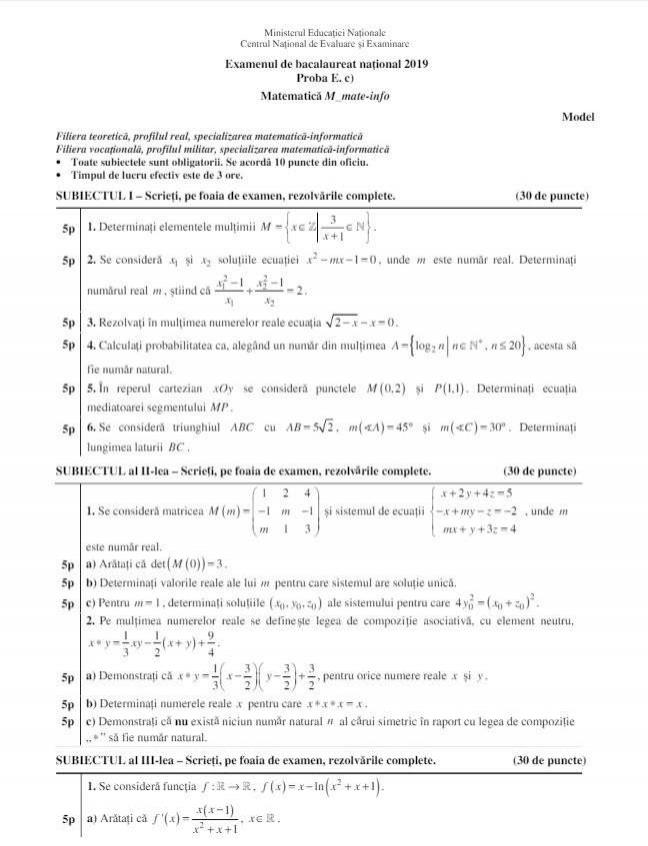 Bacalaureat 2019 Modele Subiecte MatematicÄƒ Mate Info Tehnologic Pedagogic È™tiinÈ›e Antena 1