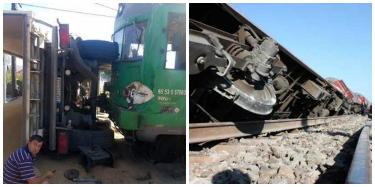 Momentul în care un camion este lovit în plin de un tren cu pasageri. Locomotiva a sărit de pe șine (VIDEO)