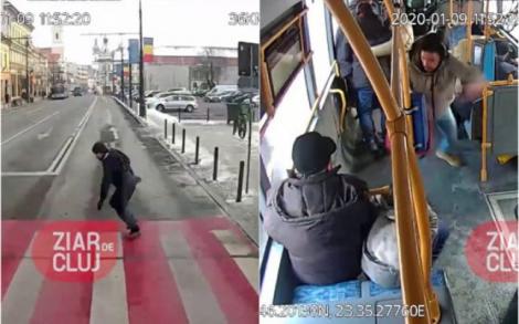 Video| Un pieton inconștient s-a aruncat în fața unui autobuz, în Cluj! Călătorii, filmați în timp ce „zboară” după frâna șoferului