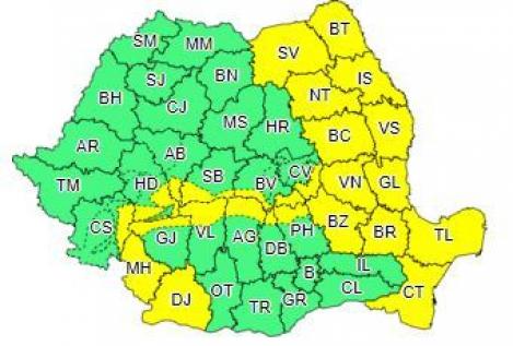 Cod galben de intensificări ale vântului, în Moldova, Oltenia, Muntenia, Dobrogea şi în zona montană
