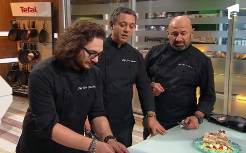 Florin Dumitrescu, Sorin Bontea și Cătălin Scărlătescu în bucataria chefi la cutite