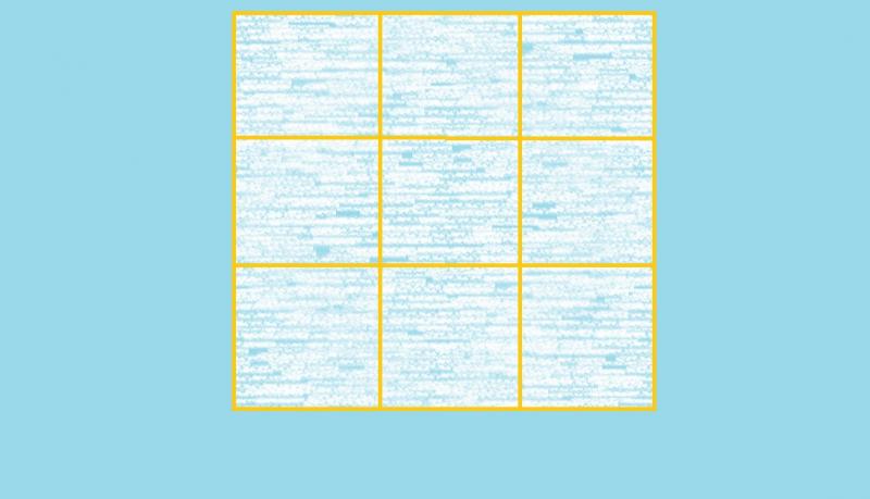 imagine cu un patrat impartit in alte 9 patrate mai mici, pe fundal albastru