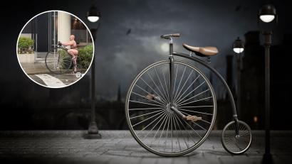 Senzație pe o bicicletă din epoca victoriană. Cine este bărbatul îmbrăcat într-un body cu imprimeu de leopard