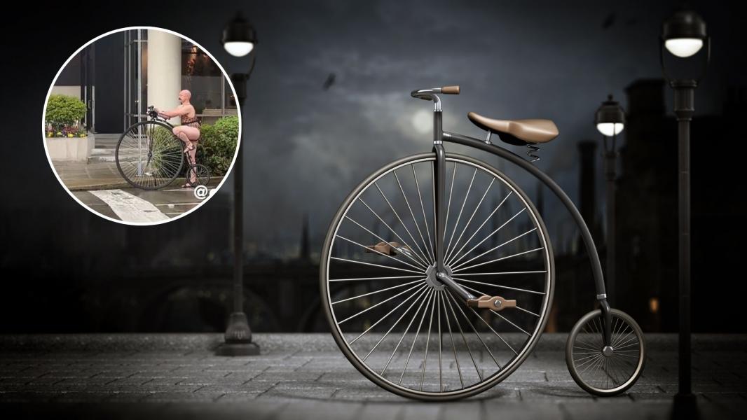 Senzație pe o bicicletă din epoca victoriană. Cine este bărbatul îmbrăcat într-un body cu imprimeu de leopard