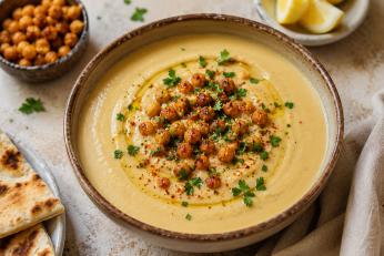 Supă cremoasă de năut cu tahini și lămâie. Rețetă inspirată din celebrul hummus oriental