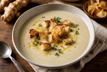 Supă cremă de topinambur (anghinare de Ierusalim). O supă fină, cu aromă profundă și o culoare deschisă, apetisantă.
