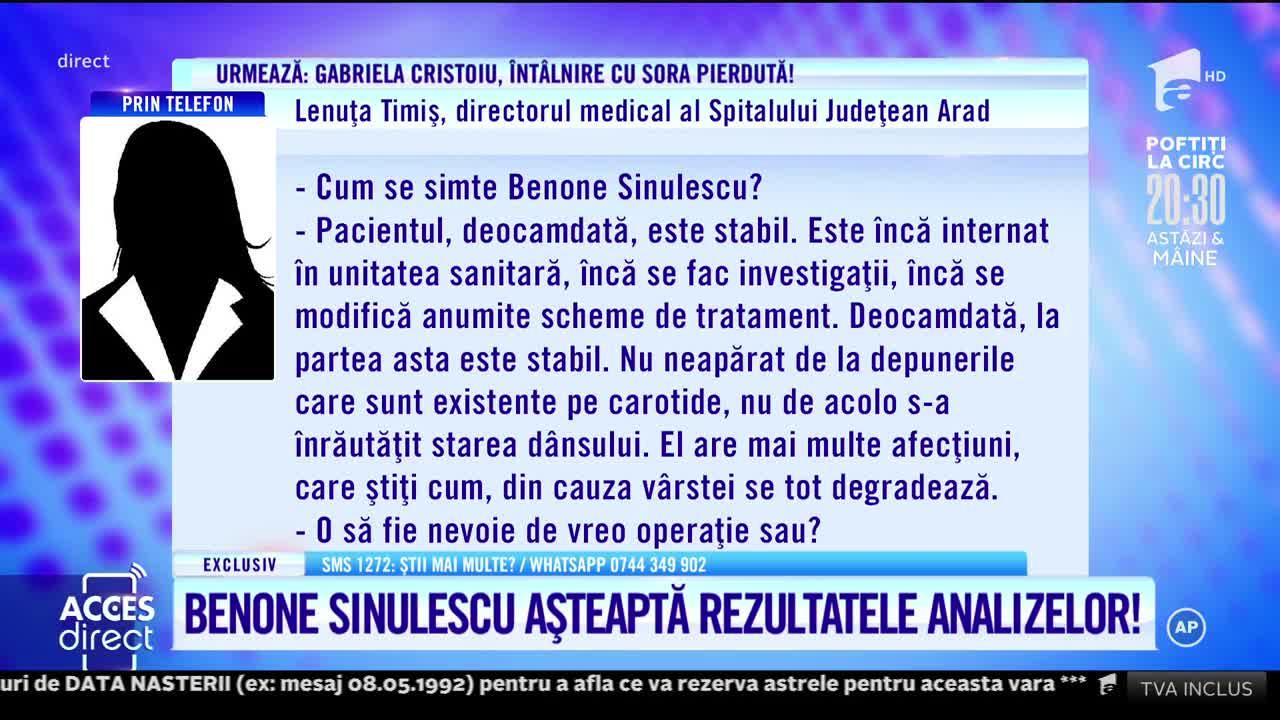 Noi informații despre Benone Sinulescu. În ce stare se află artistul și ce au declarat medicii: „Se discută despre o intervenție”