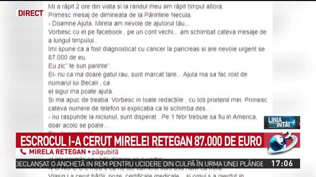 Mirela Retegan, păcălită să dea 87.000 de euro pe internet. Escrocul s-a dat drept părintele Constantin Necula