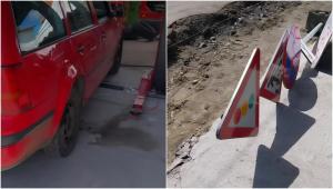 Situație neașteptată în Târgu-Jiu! O mașină a rămas blocată în service din cauza lucrărilor de pe stradă | VIDEO