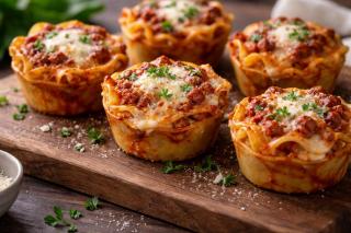 Mini lasagnas preparate în forme de brioșe, mai ușor de servit și chiar mai atractive