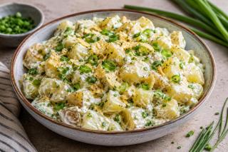 Salată de cartofi cu smântână și ceapă verde. O rețetă plină de gust și sățietate