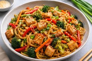 Tăiței cu tofu și legume la wok. Rețetă rapidă pentru o cină sănătoasă și plină de savoare