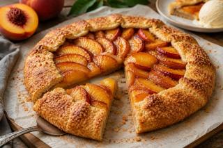 Galette cu piersici și crustă cu zahăr brun. Rețetă rustică de tartă fragedă și aromată