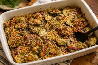 Dovlecei la cuptor cu roșii, usturoi, parmezan și crustă crocantă