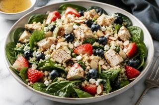 Salată de spanac cu quinoa, carne de pui și fructe de pădure
