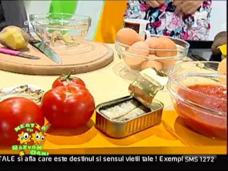 Spaghetti in sos de sardine, rosii si masline