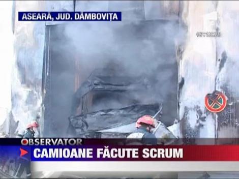 Un incendiu puternic a mistuit si doua autocamioane in Dambovita