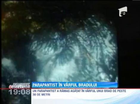 IMAGINI EXCLUSIVE! Poiana Brasov: Un parapantist a ramas blocat intr-un copac