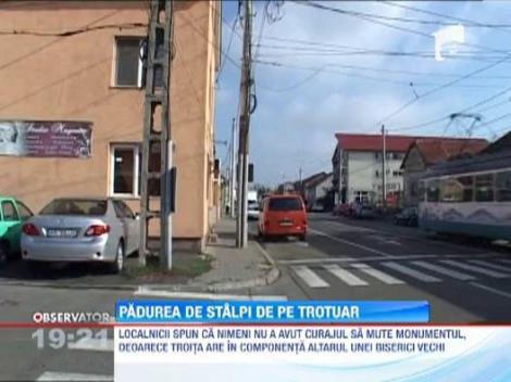 Arad: Padure de stalpi pe trotuar si monument in mijlocul strazii 