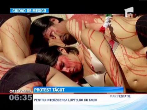 Mexic: Protest inedit impotriva coridei. Zeci de tineri s-au machiat cu vopsea rosie si s-au intins, dezbracati, pe pavaj