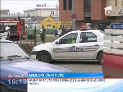Accident ca-n filme in Targu Mures: O masina de politie s-a rasturnat!
