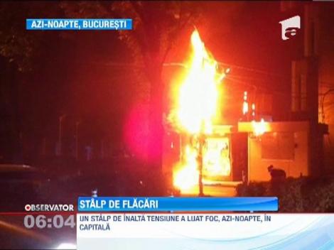 Un stalp cu cabluri a luat foc in Bucuresti