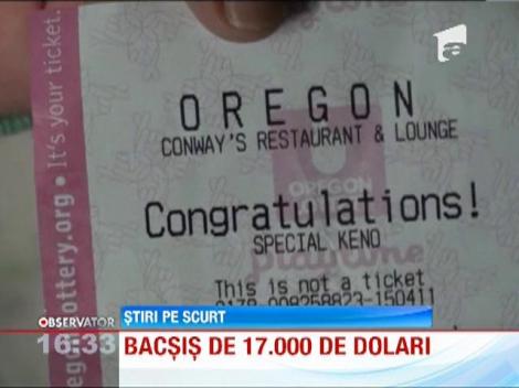 Un bilet la loterie, oferit drept bacsis de catre un client, i-a adus unei chelnerite 17 mii de dolari