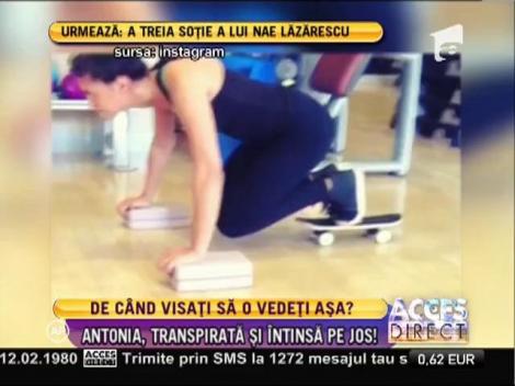 Antonia, transpirată şi întinsă pe jos în sala de sport
