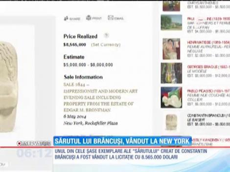 Sărutul lui Brâncuşi, vândut la New York cu 8.565.000 de dolari
